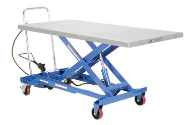 Carbon Steel Air/Hydraulic Light Duty Scissor Lift Cart 63 In. x 31-1/2 In. Platform With Poly-On-Poly Casters 1,000 Lb. Capacity Blue/Silver